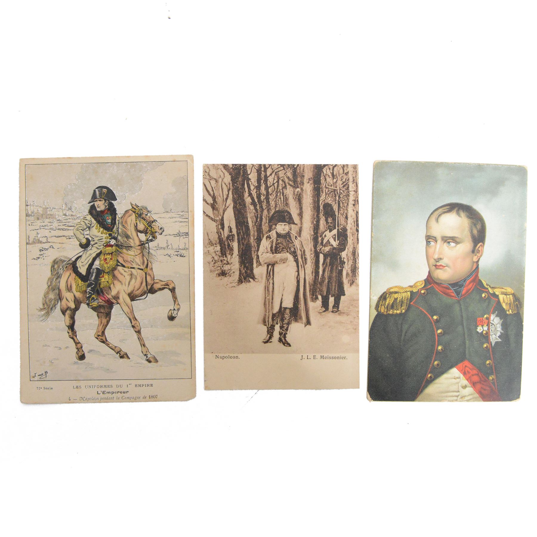 Three postcards of Napoleon, comprising JOB as L'Empereur, Napoleon in Chasseur a Cheval de la Garde tunic and Napoleon by J.L.E. Meissonier
