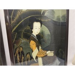 Set of three 20th century Chinese wall hanging panels, each depicting a female figure, framed and glazed and with gilt metal wall hanging surmounts, H70, L48cm