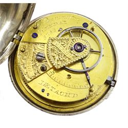 George III silver pair cased English lever fusee pocket watch by Christopher Pennington, Kendal, No. 3252, round pillars, engraved balance cock with diamond endstone, cream enamel dial with Roman numerals, case makers mark T.A, Chester 1801