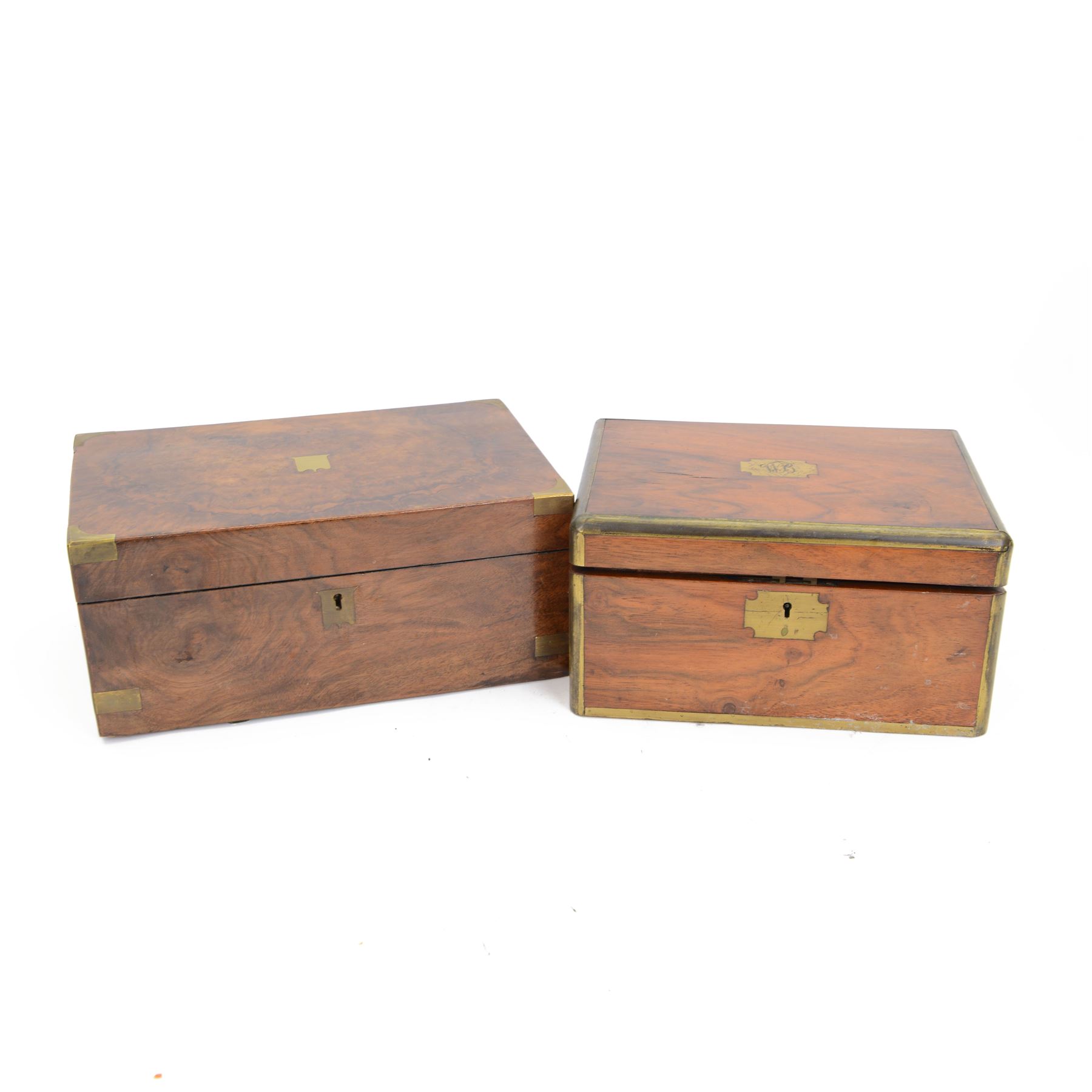 Victorian brass bound writing slope with presentation engraving to brass cartouche, opening to reveal a leather and gilt interior, together with another similar, H16cm 