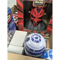 Large collection of Star Wars collectables, including figural mugs, books, talking bank, Darth Maul container, glasses, etc, in five boxes