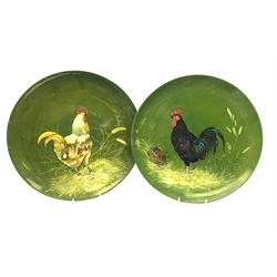  Pair Victorian Minton chargers painted with Cockerels on green ground, impressed marks, D38.5cm   