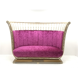 Cappelletti Cantu Italian gilt metal framed curved sofa, upholstered in crushed pink velvet, on gilt stepped base, W217cm, D92cm, H147cm