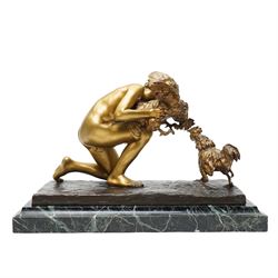 Sophie Debry (19th/20th century); 'Le Combat de Coqs' or The Cockfight, gilt bronze figural group of boy and two cockerels, signed and dated 1920, mounted on marble plinth, H28cm x W44cm