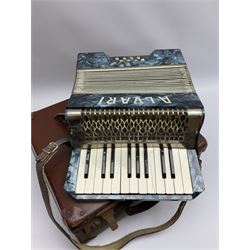 Small German Alvari piano accordion with blue pearline case, thirteen keys and eight buttons L30cm; in carrying case