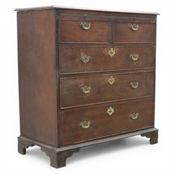 18th century oak chest, rectangular top with moulded edge, fitted with five drawers and ba...