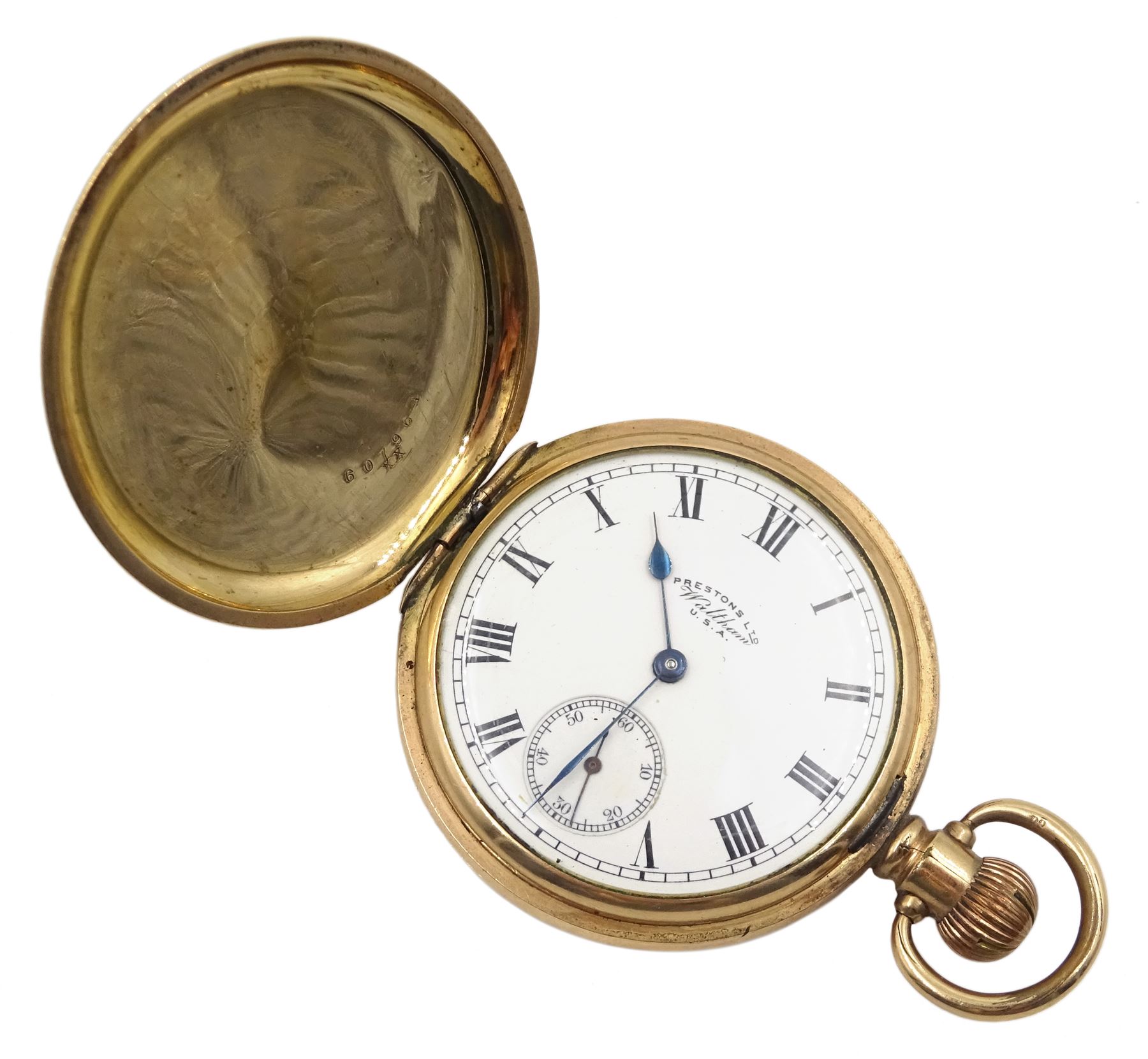 Early 20th century gold-plated full hunter 15 jewels keyless Preston Junior presentation pocket watch by Waltham, made for Preston Ltd, Boton, No. 22323684, white enamel dial with Roman numerals, the case monogrammed A G
