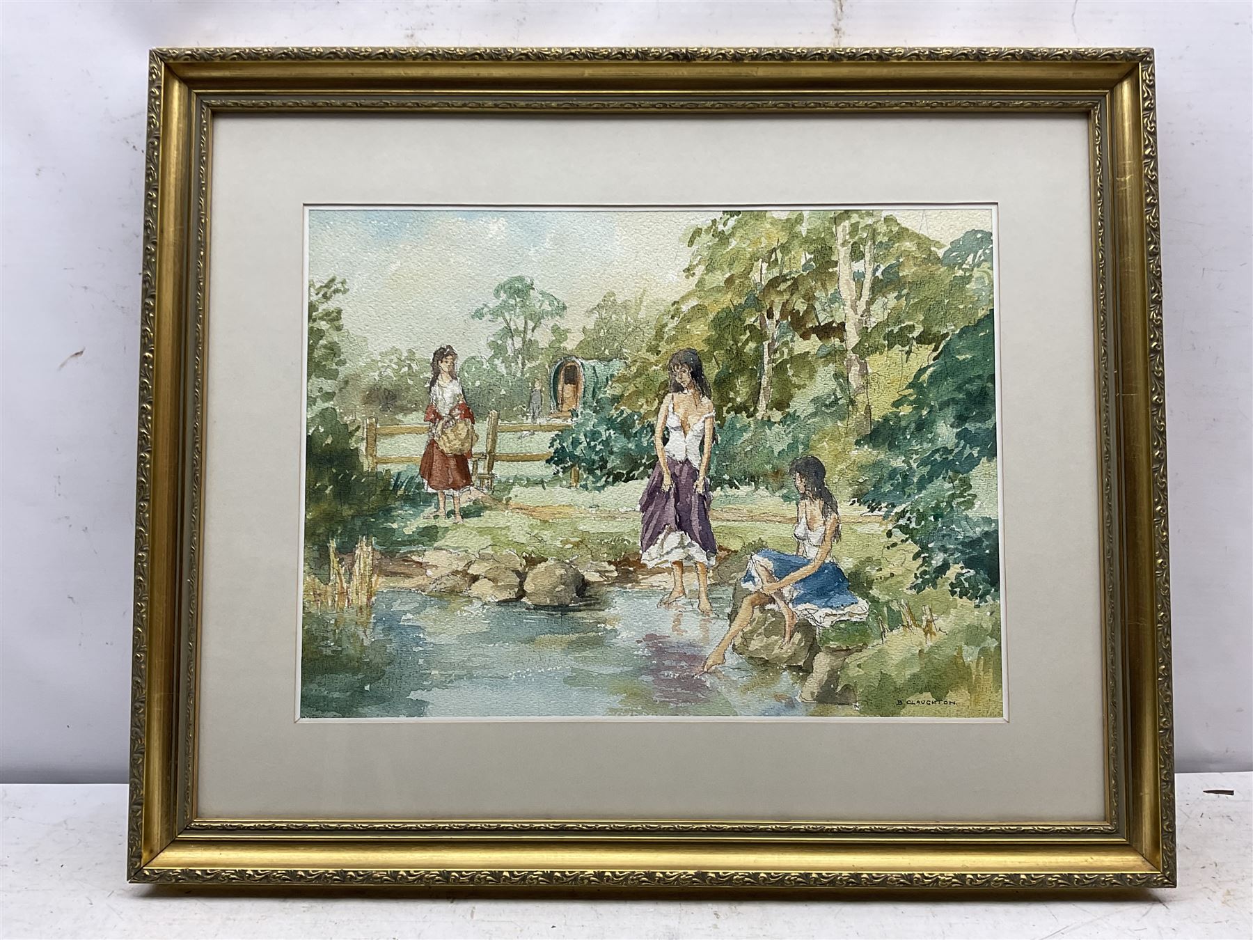 Mark Cook (Chester 1868-1951): 'The Rock Garden - Heron Bridge', watercolour signed and dated 1930, titled on label verso 24cm x 31cm; Barry Claughton (British 20th century): Ladies at the Pond, watercolour signed 35cm x 48cm; Cliff Oldfiend (British Contemporary): 'A Walk in Silpho', watercolour signed, titled verso 25cm x 37cm (3)