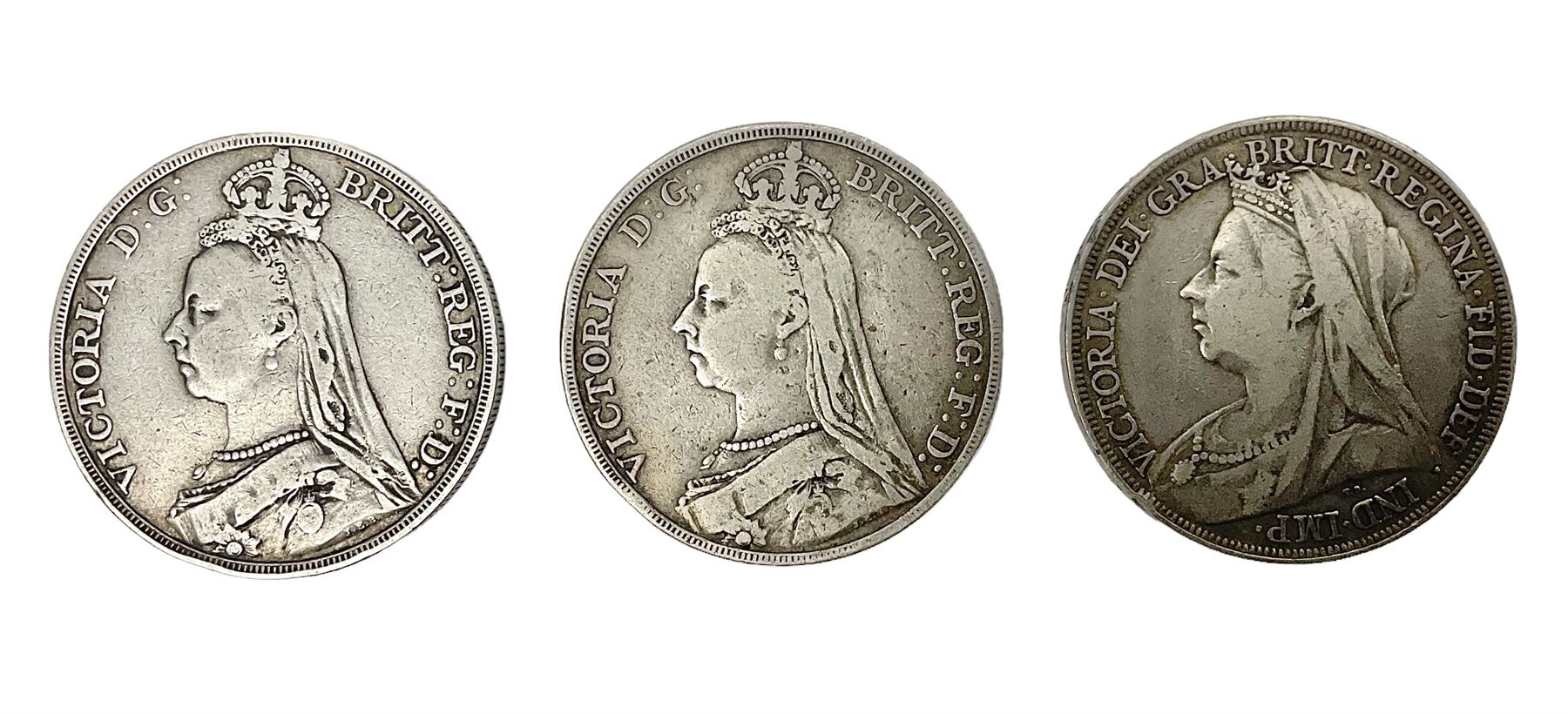 Three Queen Victoria silver crown coins dated 1889, 1892 and 1894