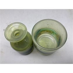 Mdina sea and sand glass vase, of cylindrical form, decorated in green, turquoise and brown, and matching vase, both unmarked together with a glass bowl and jug with gilt decoration 