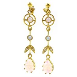 Silver-gilt three opal pendant earrings