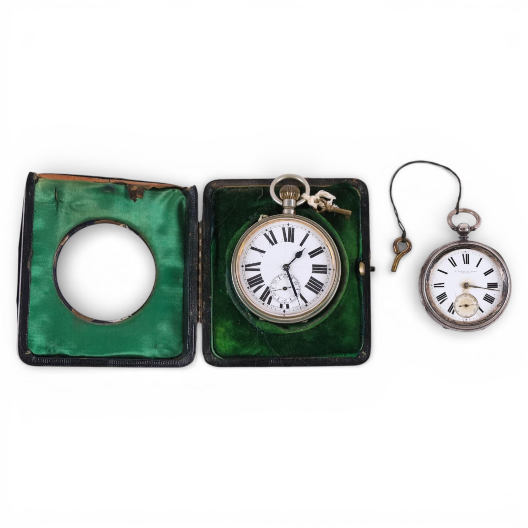Silver cased B. Leefe & Sons pocket watch, together with a nicket goliath pocket watch within silver mounted case