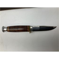 Three hunting knives, each blade marked A. Wright & Sons Sheffield, one with leather handle, one with horn handle and one with antler handle; each with leather sheath (3)