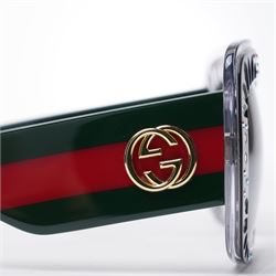Gucci - pair of oversized black acetate sunglasses, the square frames with studded and crystal embellishment to the front and signature green and red web temples with interlocking gold-tone GG logo and bee motif, unused with original velvet pouch and box