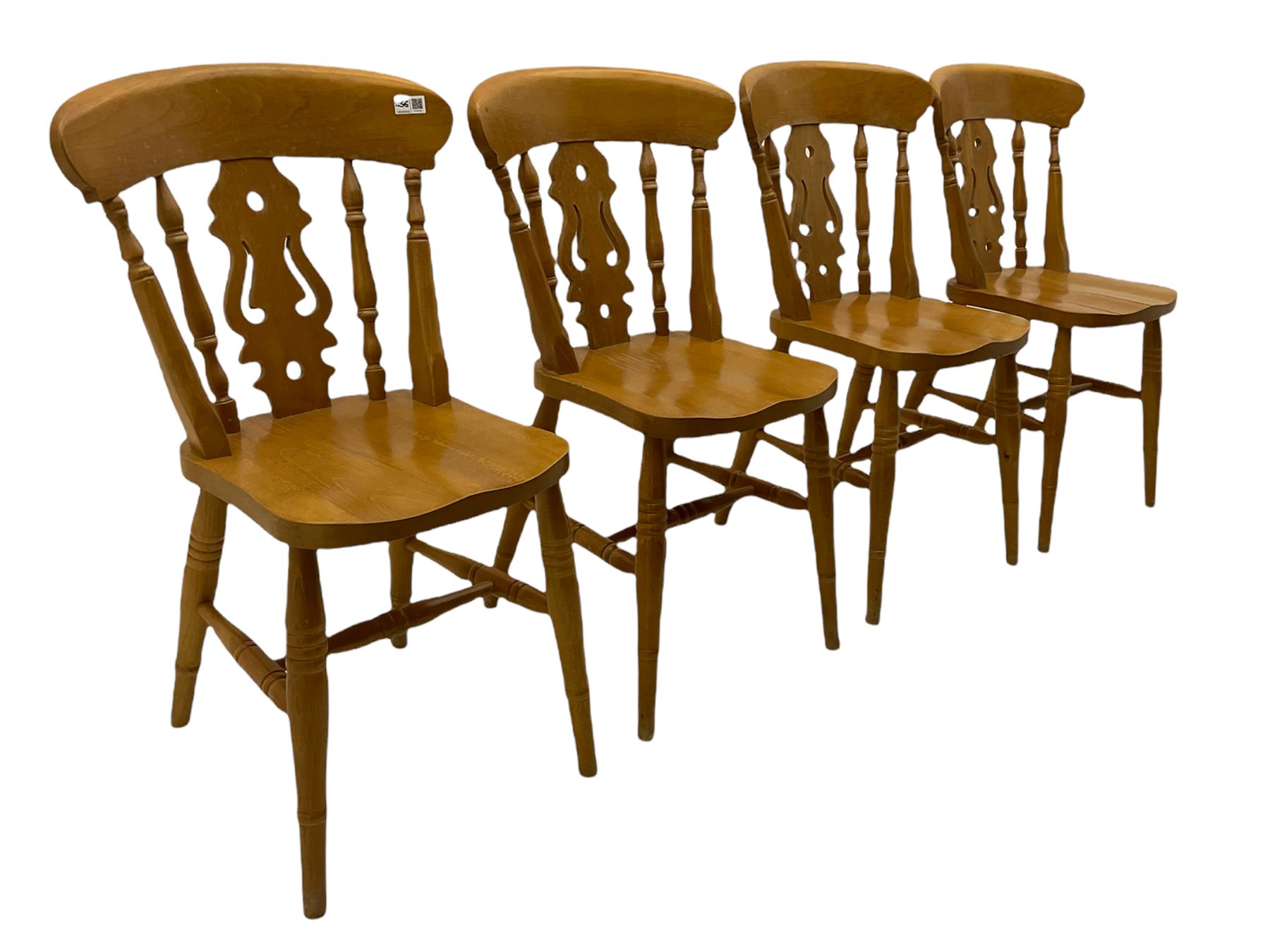 Solid pine oval pedestal dining table, and four farmhouse chairs The