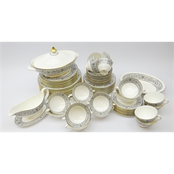  Royal Doulton Baronet pattern dinner service comprising twelve dinner plates, eight side plates, eleven salad plates, eleven tea plates, eight cups, eleven saucers, ten soup bowls, sauce boat and stand, tureen and serving dish  81pcs  