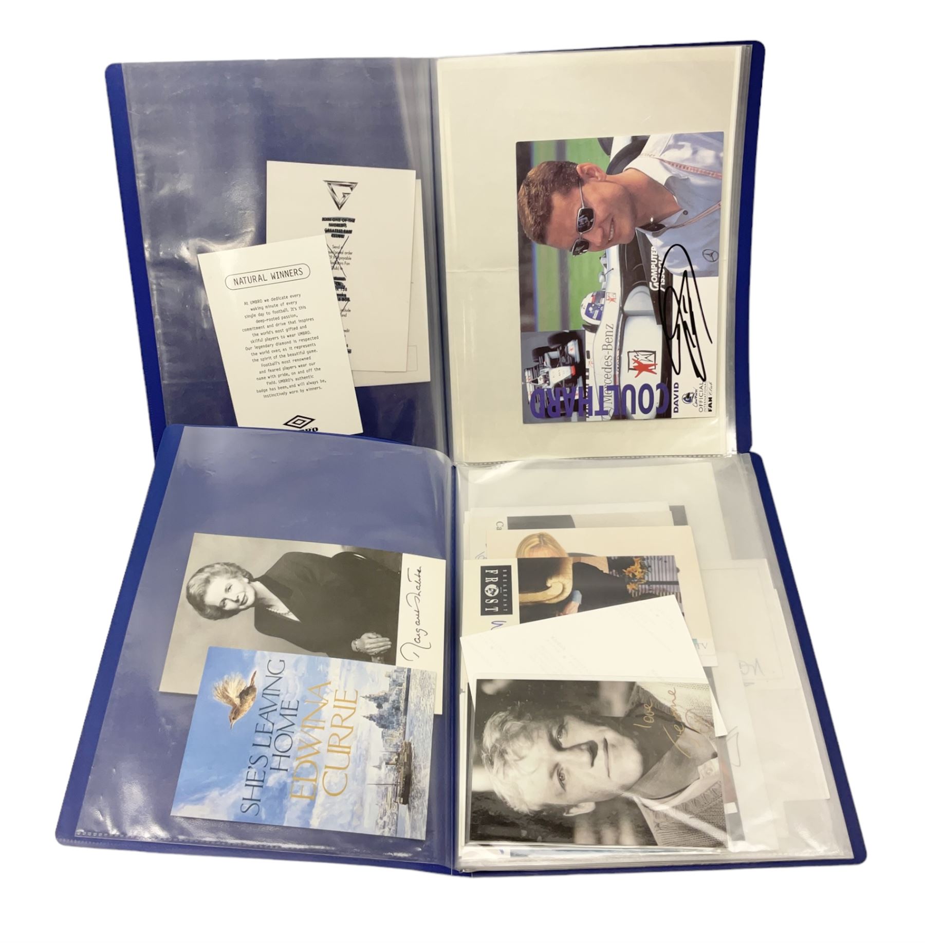 Two folders of over fifty photographs, cards, compliment slips etc of actors, actresses, celebrities, politicians, sports personalities etc, all bearing signatures, including David Frost, Lloyd Grosman, John Suchet, Julia Somerville and othe GMTV presenters, Carol Vorderman, Jackie Collins, Rolf Harris, Timothy Dalton, Pete Postlethwaite, Magnus magnusson, John Major, Kate Moss, Uri Geller, David Beckham, Peter Alliss, Sharon Davies, Kevin Keegan etc