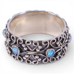 Silver opal filigree band ring, stamped 925