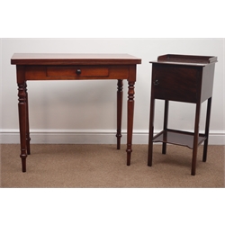  19th century mahogany fold over tea table with plain top, turned legs and double gate-leg action (86cm x 84cm, H76cm), and a mahogany tray top bedside cupboard (2)  