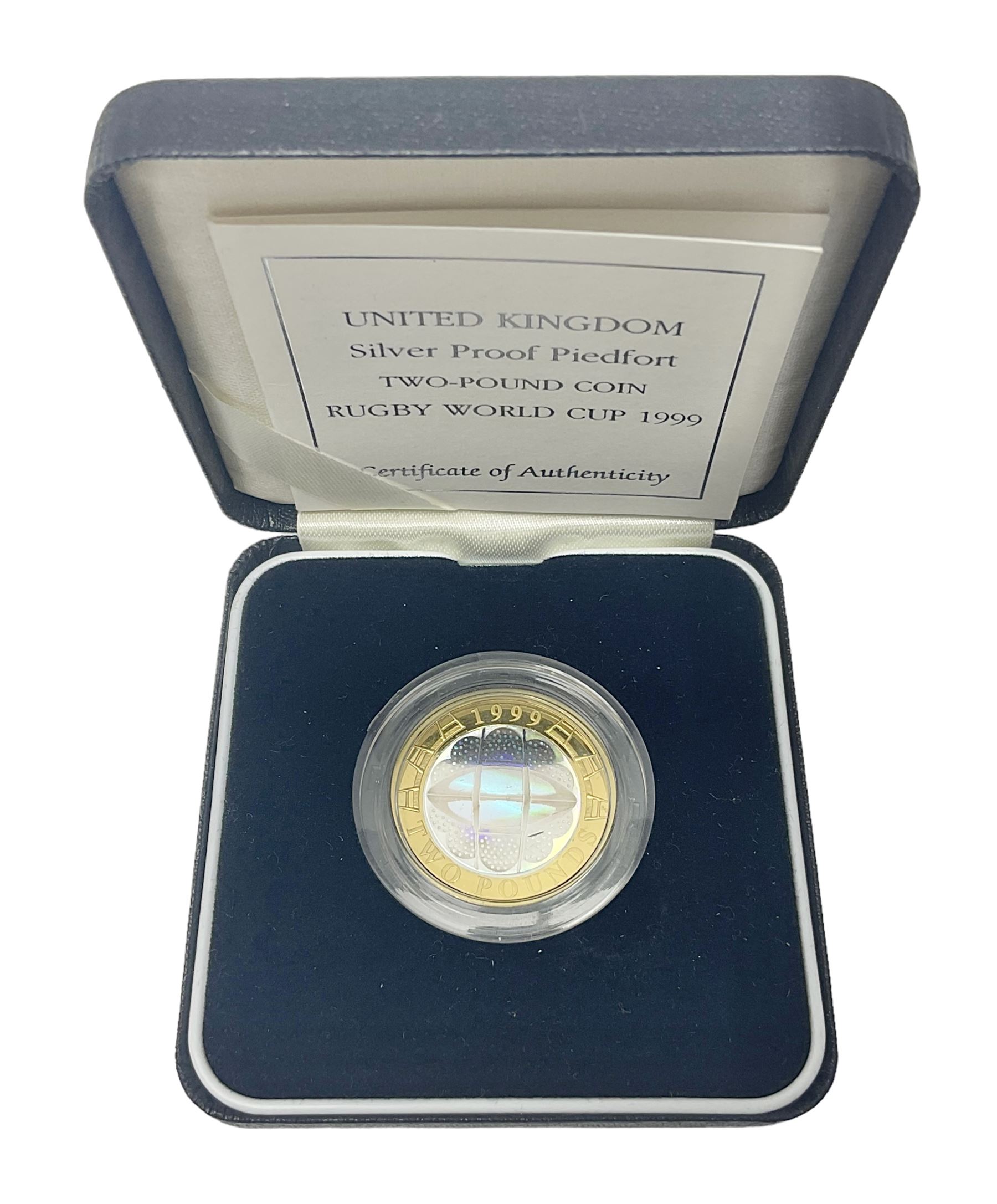 The Royal Mint United Kingdom 1999 'Rugby World Cup' holographic silver proof piedfort two pound coin, cased with certificate