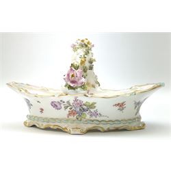 Dresden floral basket, hand painted with floral decoration and gilt scrolls, H12cm, L20cm. 