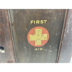 20th century first aid cabinet, fitted interior, with contents, part in labelled containers and draws, marked Thackray Leeds to the front, H62cm, D15cm, W27cm 