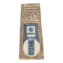 Louise Jinks for Troika Pottery, coffin vase with with incised geometric decoration, signed to base, H17cm 