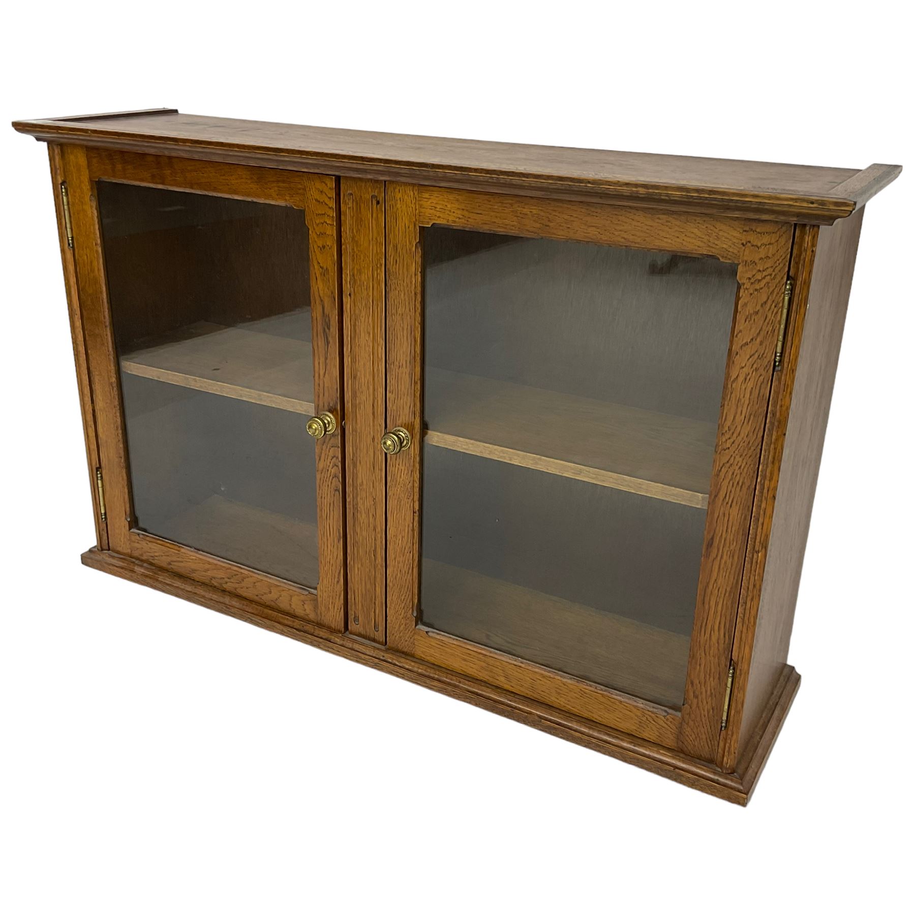 20th century low oak and glazed bookcase, double cupboard enclosing two shelves