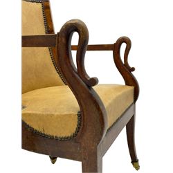 Set of four 19th century mahogany elbow chairs, the curved and rolled cresting rail over the upholstered seat and back with stud work, curved arms with shepherd's crook uprights, on square tapering and splayed supports 