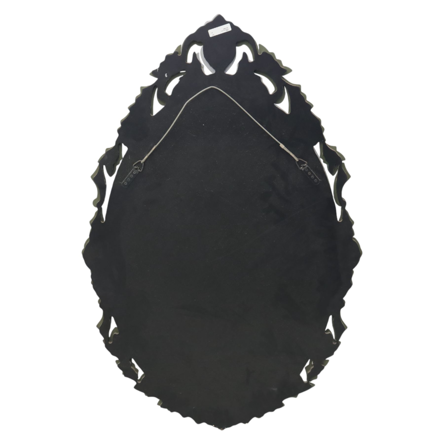 20th century Venetian style oval mirror, the central mirror plate enclosed by an ebonised border decorated with engraved floral trails and dotted reserves, the outer edge applied with shaped and etched glass leaves and scrolling foliage