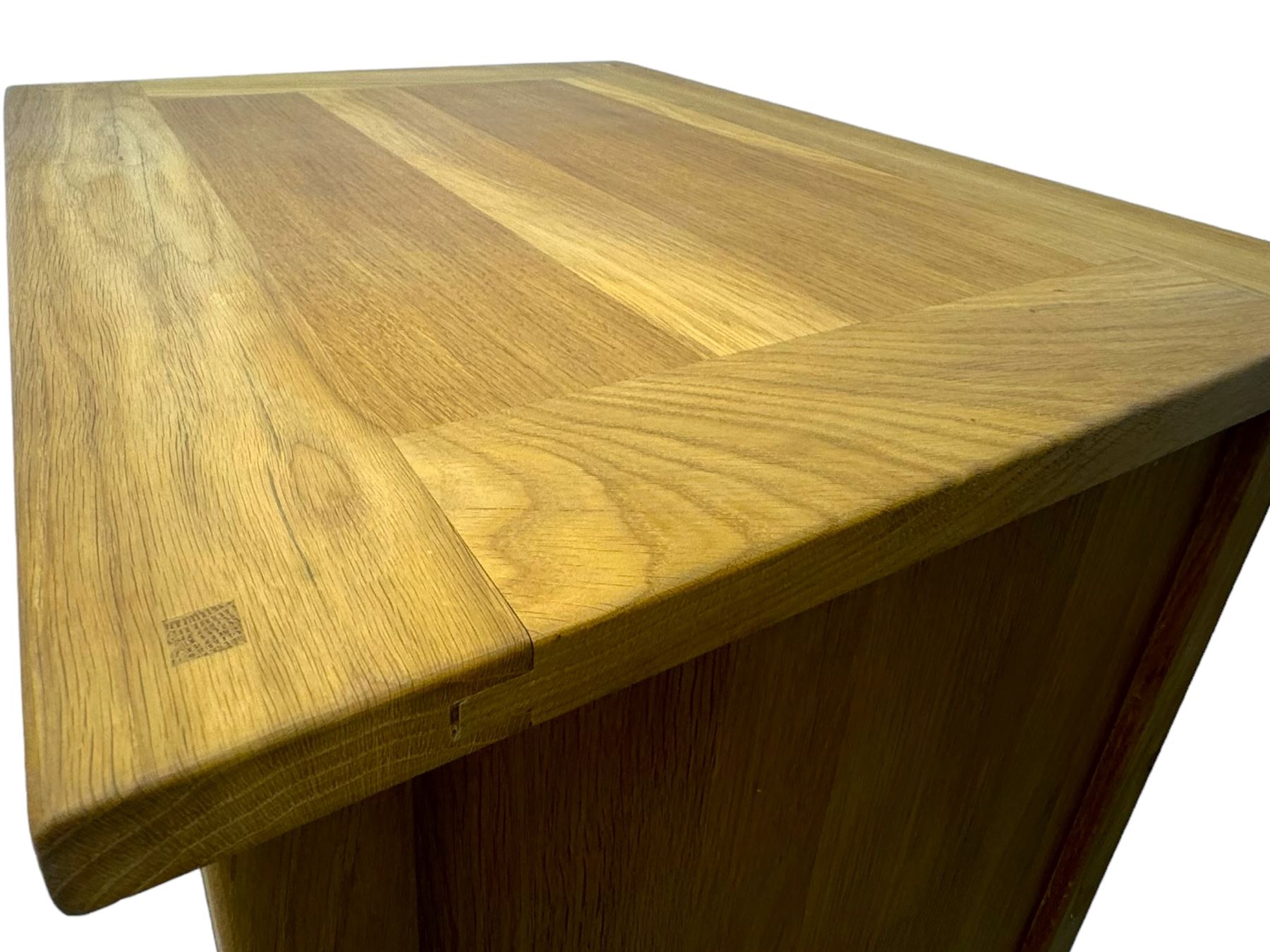 Laura Ashley - contemporary Milton oak display cabinet, featuring single door with two glass panels and pewter effect handle, enclosing one fixed oak shelf and two adjustable glass shelves, access hole at the bottom shelf, over single drawer with matching handle, on square legs