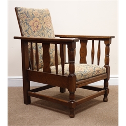  Early 20th century oak framed Morris style adjustable armchair, upholstered back and seat, turned supports, W60cm  