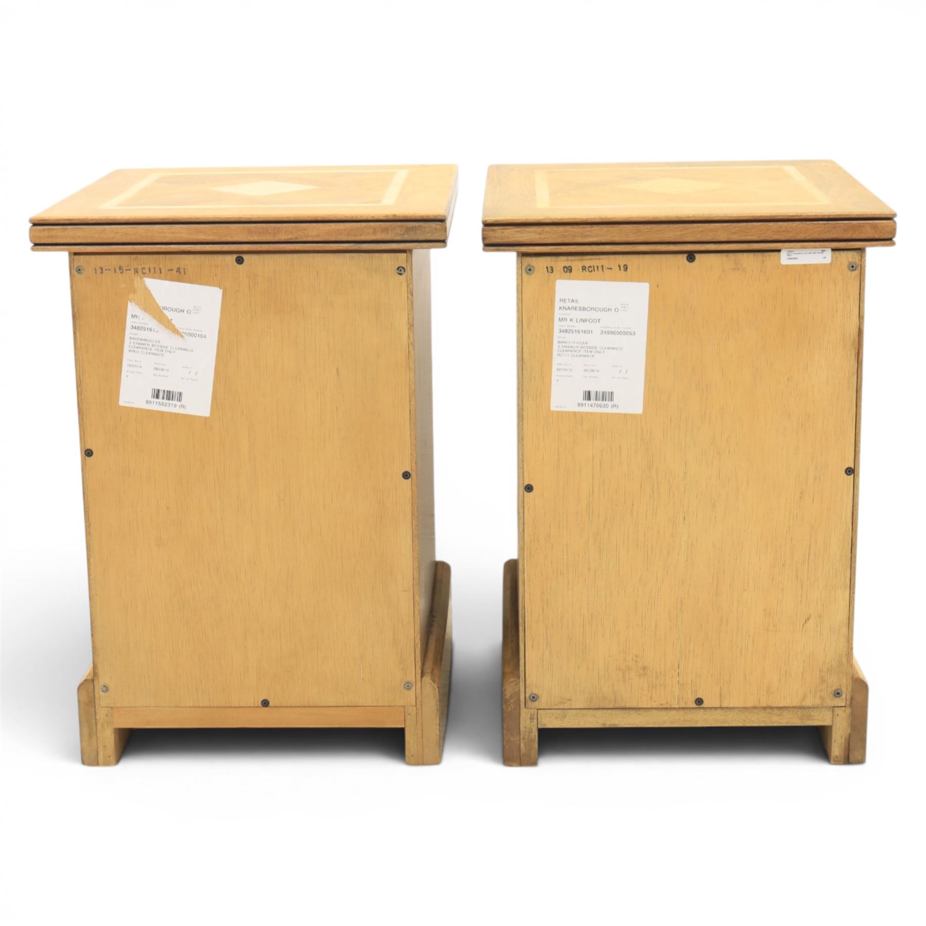 Barker & Stonehouse - contemporary flagstone and mango wood bedside cabinets, square top with inlaid flagstone, above three drawers with metal ring pull handles, raised on a plinth base with bracket feet
