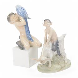 Royal Copenhagen Faun riding a goat no 737, together with Fawn and Parrot no. 752