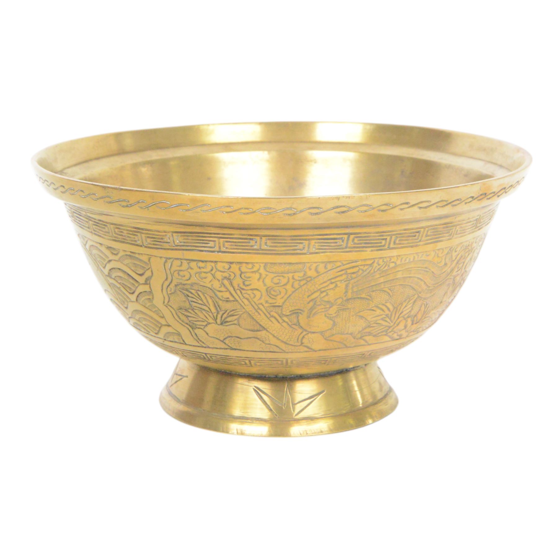 Chinese brass bowl, decorated to the outside with dragons,  upon a circular base, cast seal mark to base, D26cm