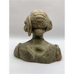 Carved marble bust modelled as a female figure, upon named marbled base with canted corners, excluding base H33.5cm