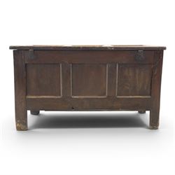 18th century style oak coffer, panelled rectangular top hinged to reveal storage with candle box, carved frieze and front panels, raised on stile feet