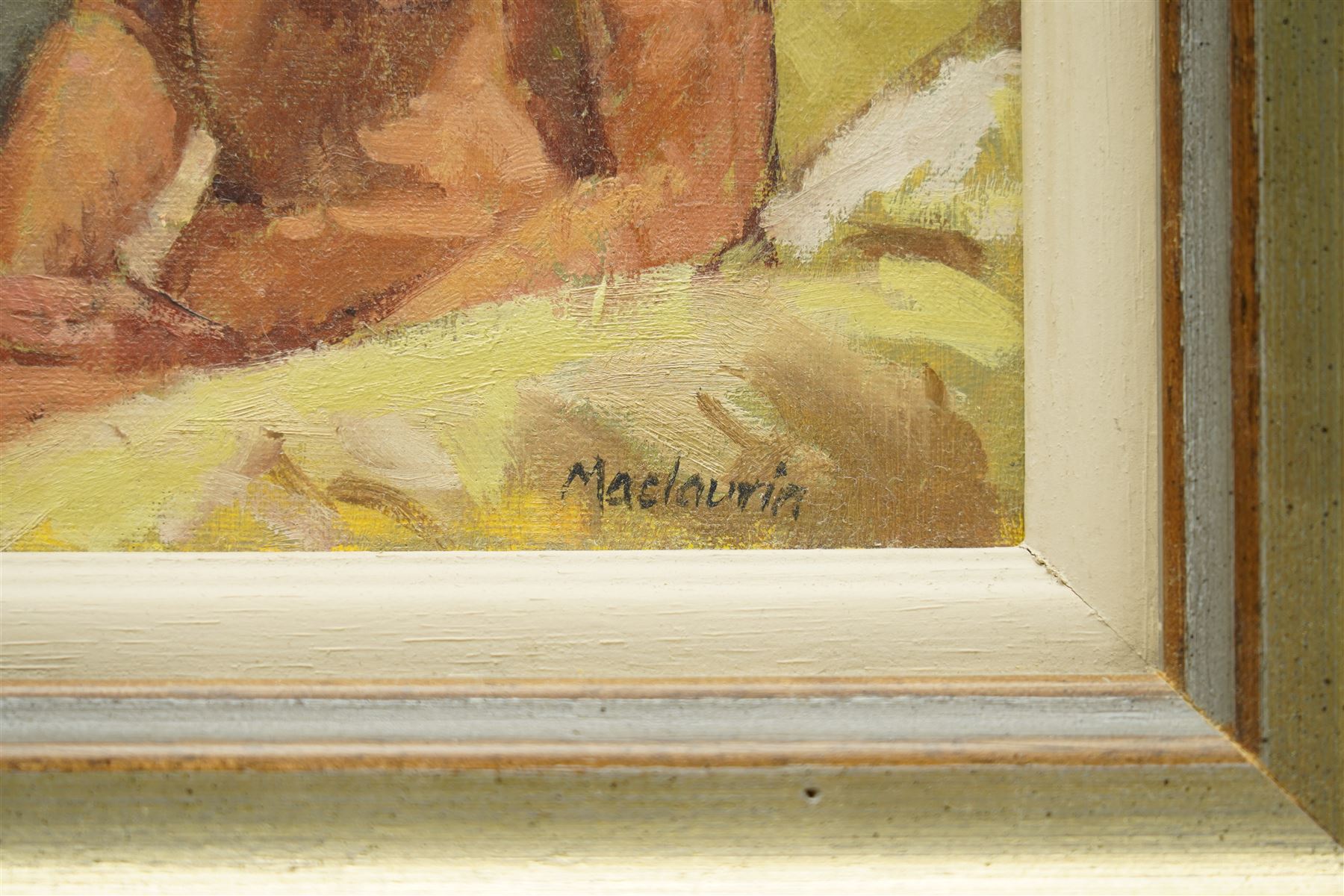 Pat Maclaurin (British 1933-2022): Nude Portrait of a Blonde Female on a Beach, oil on board signed 17cm x 12cm