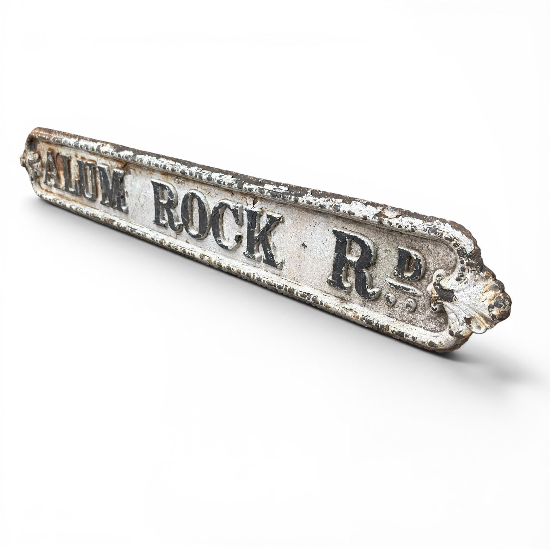 'Alum Rock Rd' - Victorian cast iron street sign, onate design, oval ends with shell motifs