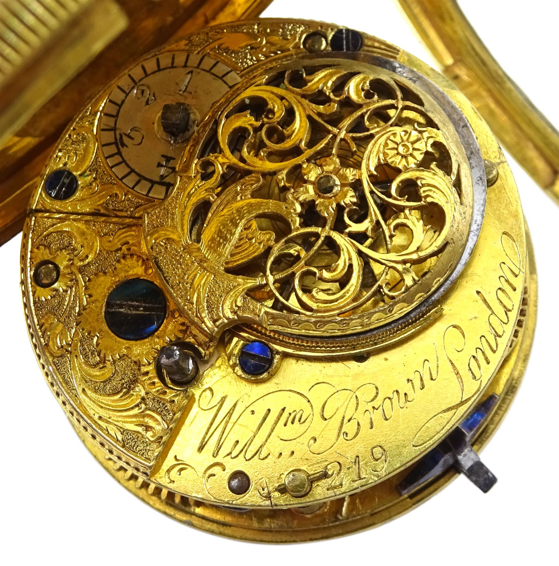 George III gilt verge fusee pocket watch by William Brown, London, No. 219, round baluster pillars, white enamel dial with Arabic numerals, bull's eye glass and one other gilt verge fusee front wound pocket watch (2)