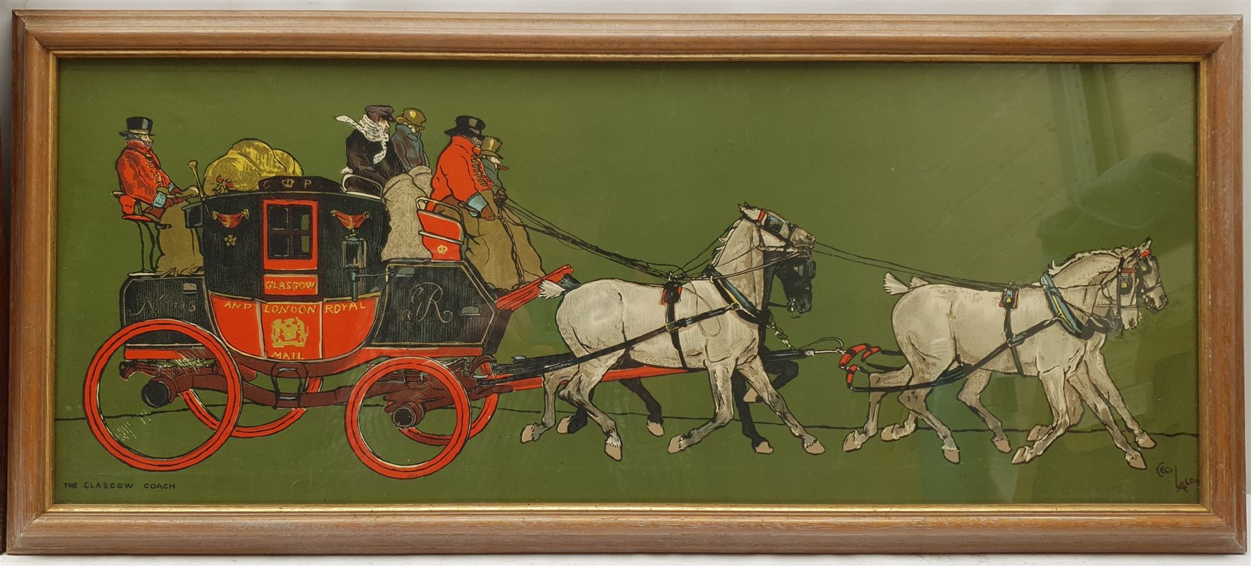 After Cecil Aldin (British 1870-1935), 'Sam Weller Meets his Mother in Law', chromolithograph from the 'Pictures from Pickwick' series pub. Lawrence and Jellicoe 30cm x 40cm; 'The Glasgow Coach', chromolithograph pub. Lawrence and Jellicoe c.1907, 27cm x 70cm (2)