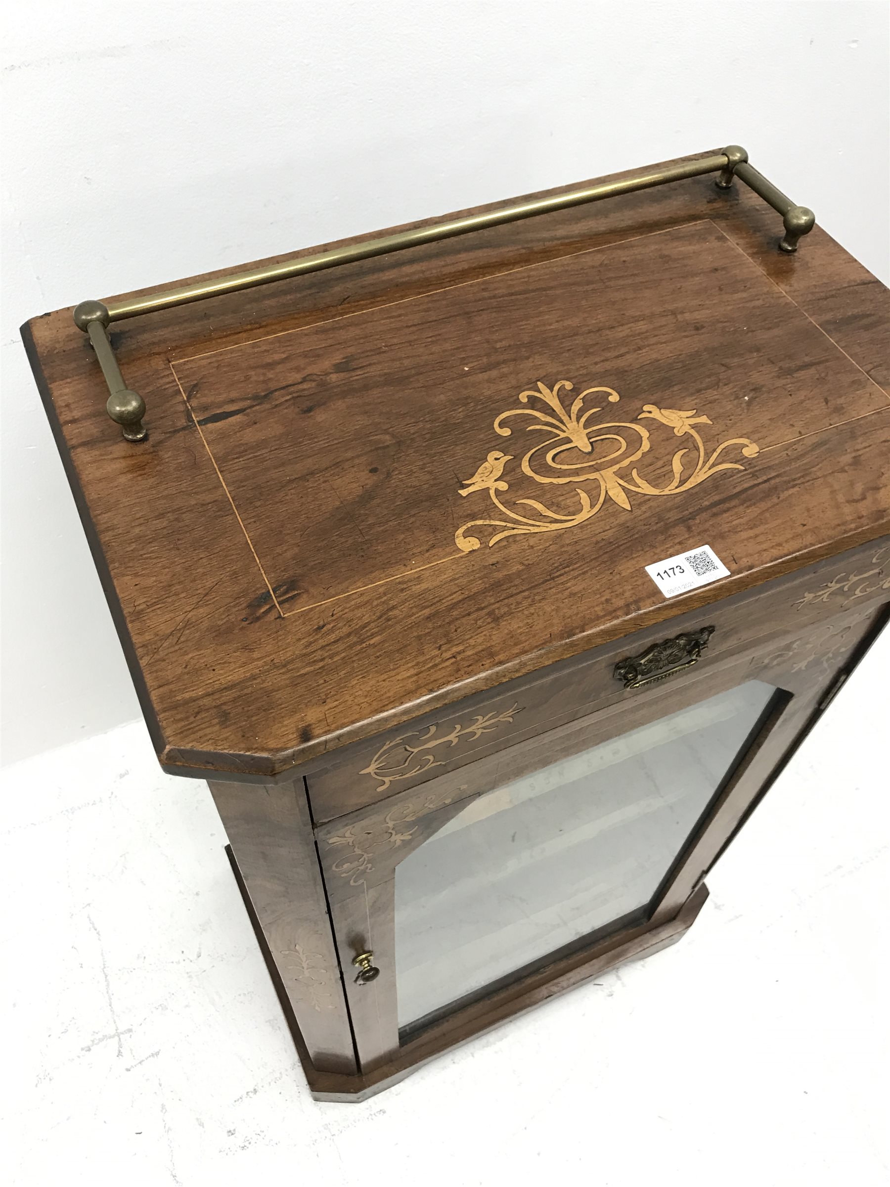 Victorian inlaid walnut music cabinet, single drawer above glazed door enclosing three shelves, W53cm, H88cm, D35cm