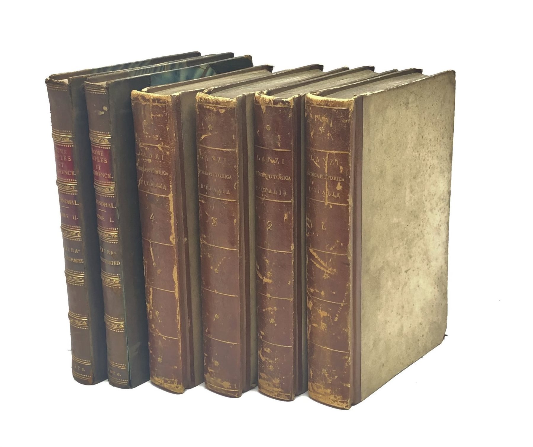  Stendahl M. De: Rome Naples et Florence. 1826 Paris. Third edition. Engraved topographical plates. Rebound in half calf with gilt panelled spine, marbled boards and new end papers Lanzi Luigi: Storia Pittorica Della Italia. 1824/5 Milan. Four volumes. Quarter leather binding with paper covered boards. (6)  