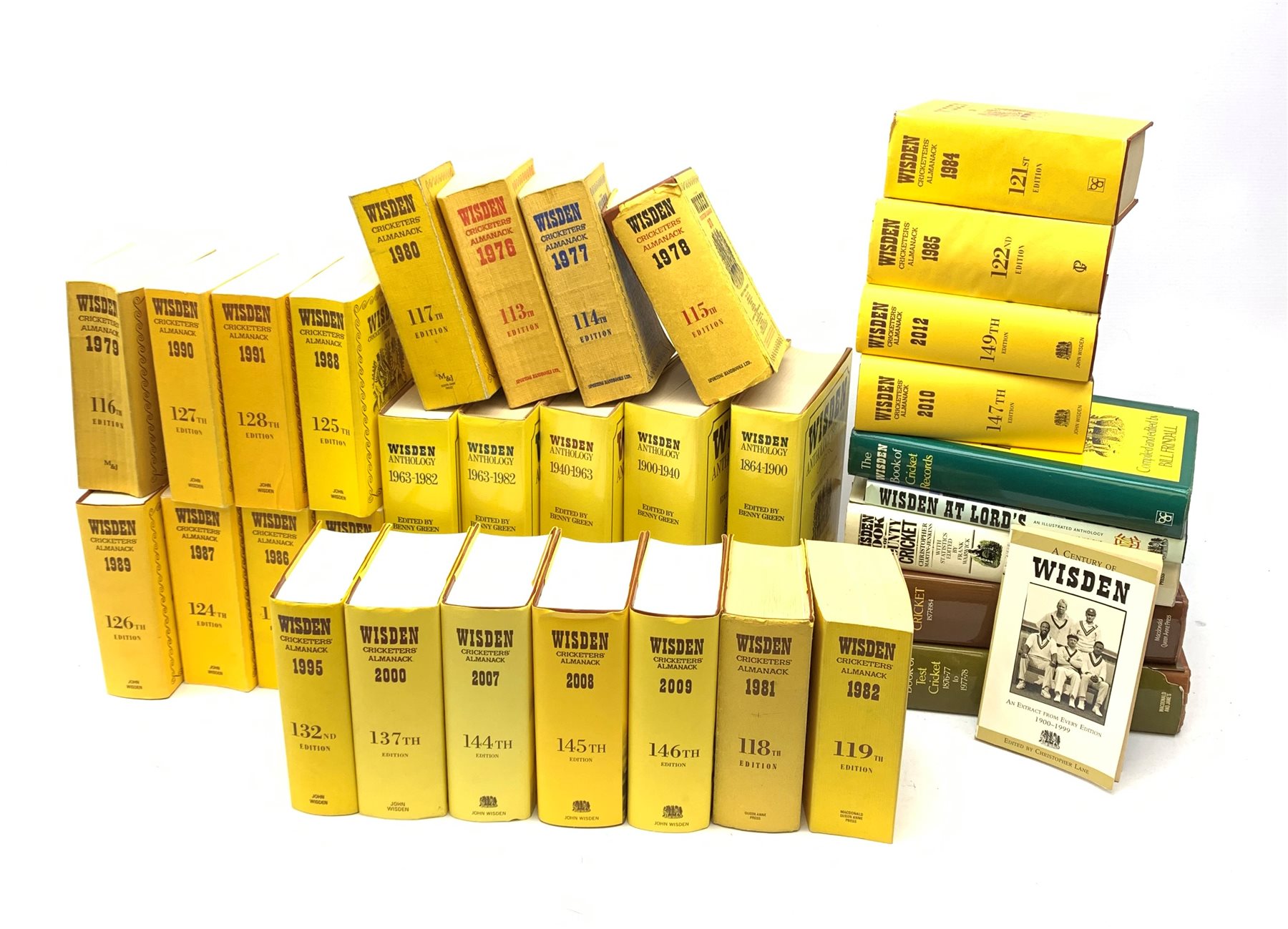  Wisden Cricketers' Almanack. Twenty-three volumes 1976 - 2012 Wisden Anthology. Five volumes (one duplicate) Wisden Book of Test Cricket. Two volumes Wisden Book of County Cricket and three other Wisden publications, in two boxes (34)  