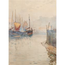 C Holmes (British 19th/20th Century): Clouds over Whitby, oil on canvas signed, 24cm x 34cm; Hely Augustus Morton Smith (British 1862-1941): Entering Whitby Harbour, watercolour signed 42cm x 30cm; W Berkeley (British 19th Century): The Doorway, watercolour signed and dated '04, 23cm x 19cm (3)