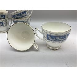 Coalport Revelry pattern tea and dinner wares, comprising nine dinner plates, four salad plates, eleven side plates, sauce boat and stand, ten teacups and ten saucers, and preserve pot and cover, together with a Coalport plate of shaped form decorated with pink roses, and a Royal Crown Derby Royal Antoinette pattern trio