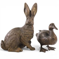 Bronzed figure of a seated hare, together with figure of a duck, hare H31cm 