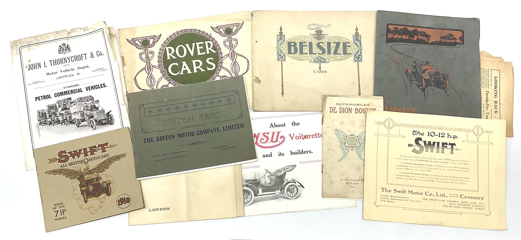 Motoring History - nine early 20th century manufacturer's vehicle catalogues including Swift 7hp Two-seater with additional brochure and letter 1910; De Dion-Bouton Automobiles 1909; Briton Cars 1909;Adams Cars with two other brochures 1909; Rover Cars 1909; Belsize Cars c1910; The Incomparable White Steam Car 1909; NSU Voiturette c1910; and Thornycroft Petrol Commercial Vehicles with 1907 price list (9)