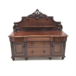  Victorian mahogany sideboard, shaped raised back, three frieze drawers above two cupboards flanking two graduating drawers, turned supports, W171cm, H158cm, D56cm  