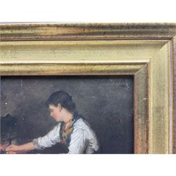 Johannes Weiland (Dutch 1856-1909): Girl Tending a Fire, oil on panel signed 14.5cm x 25cm 